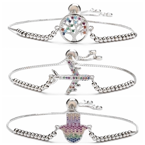 Verstellbares Kupfer Zirkonia Armband Damen Bunte Steine Lebensbaum Flugzeug Krone Hamsa Schmuck Mode Accessoire