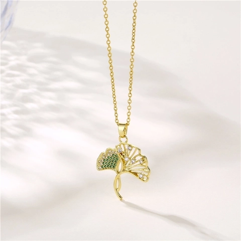 Ginkgoblatt Anhänger Halskette Vergoldet Edelstahl Kupfer Zirkon Hohl Baumblatt Elegant Schmuck Damen