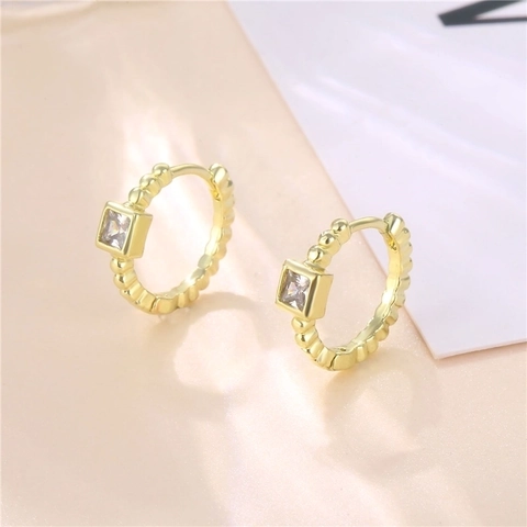 Geometric Square CZ Hoop Earrings Copper 14K Gold Plated Bead Texture Silver Earring Post For Women Minimalist