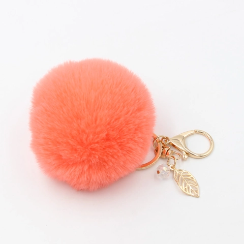 Portachiavi Con Pompon In Ecopelliccia Con Ciondolo A Foglia Cava E Perlina Di Cristallo Accessorio Borsa Donna