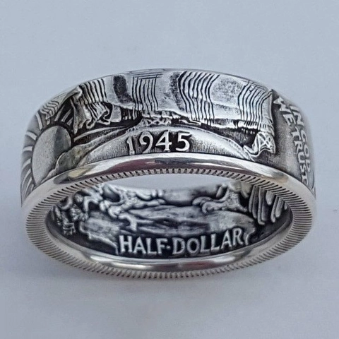 Vintage Legering Muntring Antiek 1945 Half Dollar Ontwerp Reliëf Retro Punk Stijl Band Voor Heren Dames