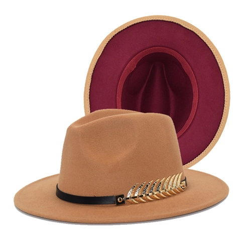 Cappello Fedora In Feltro Di Lana Bicolore Vintage Con Tesa Larga Decorazione Foglia In Metallo Stile Jazz Unisex