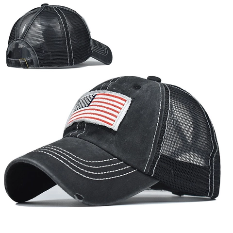 Dames Paardenstaart Baseballpet Distressed Gewassen Katoen Mesh Trucker Hoed Amerikaanse Vlag Patch Verstelbaar Vintage Zonnehoed