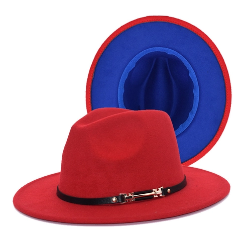 Western Vintage Contrast Color Fedora Hat For Men Women Flat Brim Polyester Wool Feel Jazz Hat With Metal Buckle Leather Strap Elegant Party Dress Hat
