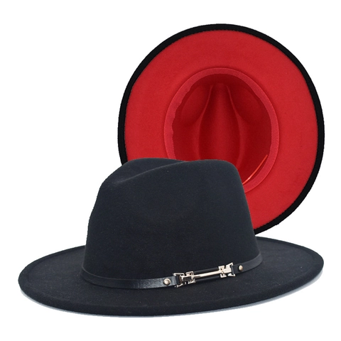 Western Vintage Contrast Color Fedora Hat For Men Women Flat Brim Polyester Wool Feel Jazz Hat With Metal Buckle Leather Strap Elegant Party Dress Hat