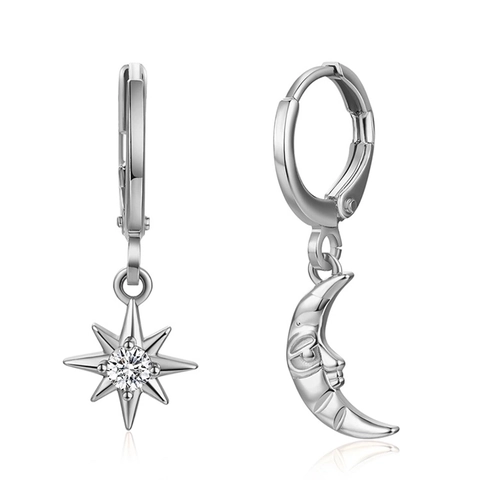 Asymmetric Star And Moon Hoop Earrings Copper With Zircon Inlaid Vintage Fairy Tale Style For Women