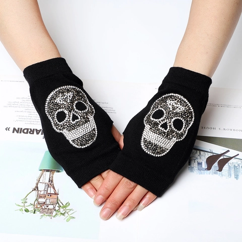 Guantes de Punto Góticos con Calavera de Diamantes de Imitación sin Dedos Mujeres Hombres Punk Calentadores de Brazos