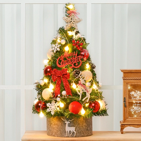 Mini Desktop Artificial Christmas Tree With LED String Lights Ornaments Felt Base For Holiday Decoration Warm Atmosphere
