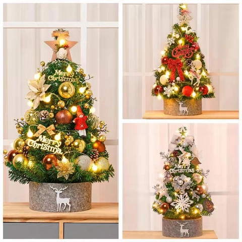 Mini Desktop Artificial Christmas Tree With LED String Lights Ornaments Felt Base For Holiday Decoration Warm Atmosphere