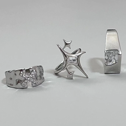 Adjustable Copper Ring Star X Shape Geometric Textured With Zircon Minimalist Jewelry For Women