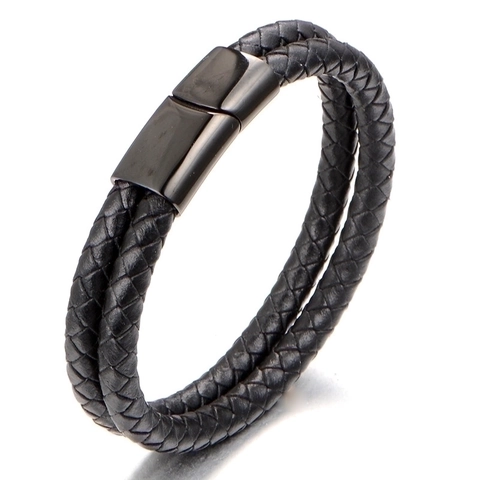 Men Minimalist Double Layer Braided Bracelet Stainless Steel Magnetic Clasp Artificial Leather Cord Jewelry Daily Accessories