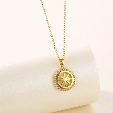 Collar Con Colgante De Motivo De Estrella Octagrama Acero Inoxidable Placa Redonda Circón Incrustado Chapado En Oro Joyas Para Mujeres