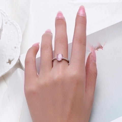 925 Sterling Silver Ring Pink Oval Cat's Eye Stone Sparkling Cubic Zirconia Minimalist Fashion Jewelry For Women