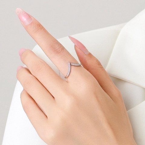 925 Sterling Silber Ring Für Damen Minimalistisch V-Förmig Verstellbar Offen Blau Zirkonia Micro-Inset Koreanischer Stil
