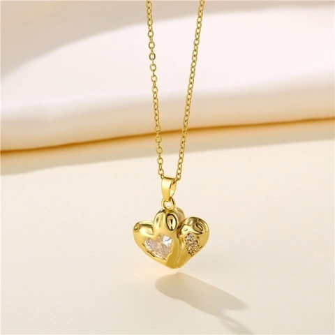 Collar Con Colgante De Corazón Acero Inoxidable Chapado En Oro De 18K Con Zircón Incrustado Joyería Para Mujer