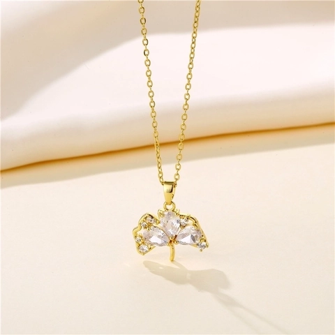 Ginkgo Blatt Anhänger Halskette Edelstahl Golden Fächerförmig Mit Zirkon Eleganter Schmuck Für Damen Mode Accessoire