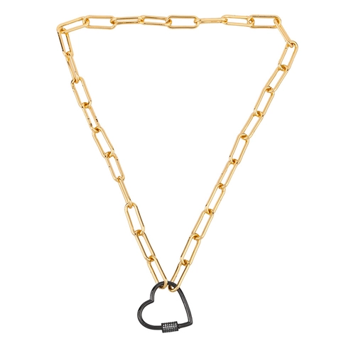 Chunky Paperclip Chain Necklace With Heart Carabiner Lock Pendant Pavé Zircon 18K Gold Plated Copper Jewelry For Women