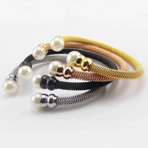 Brazalete De Malla De Acero Inoxidable Con Perla Artificial De Imitación Elegante Ajustable Para Mujer