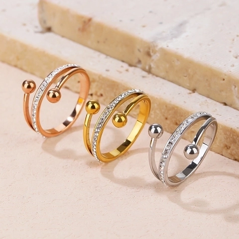 Spiral Open Ring Titanium Steel Double Layer Cubic Zirconia Rhinestone Minimalist Luxury Adjustable Finger Jewelry Women