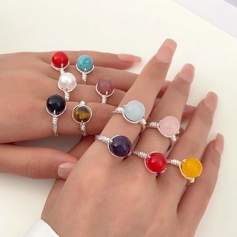 Anillos De Alambre De Cobre Tejidos A Mano Para Mujer Boho Piedra Natural Perla Artificial Redonda Ajustable Joyería Retro