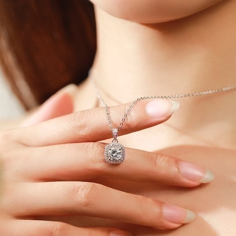 925 Sterling Silver Necklace With Square Halo Pendant Round Cubic Zirconia Minimalist Elegant Jewelry For Women
