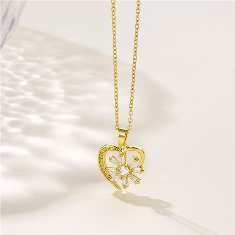 Herz Anhänger Halskette Edelstahl Zirkon Blume Gänseblümchen Design Vergoldet Eleganter Schmuck Für Damen