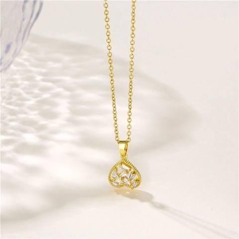 Herz Anhänger Halskette Edelstahl Klare Zirkonia Eingelegt Vergoldet Zierlicher Eleganter Modeschmuck Für Frauen