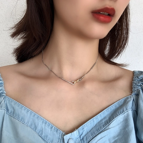 925 Sterling Silber Halskette Zweifarbig Ineinandergreifende Geometrische Ringe Boxkette Minimalistisch Schick Damen