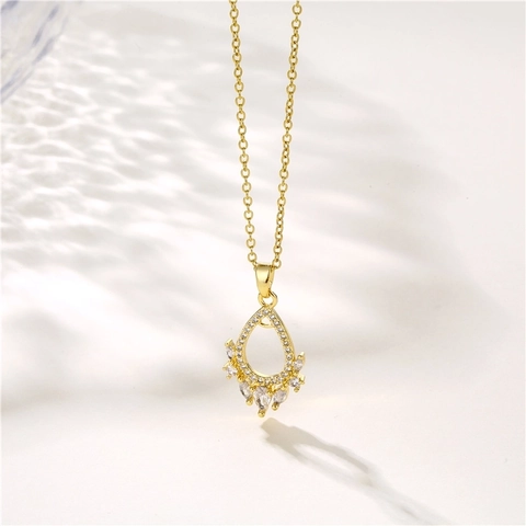 Waterdrop Pendant Necklace Micro Pave Zircon Gold Plated Stainless Steel Chain French Court Style Jewelry Women