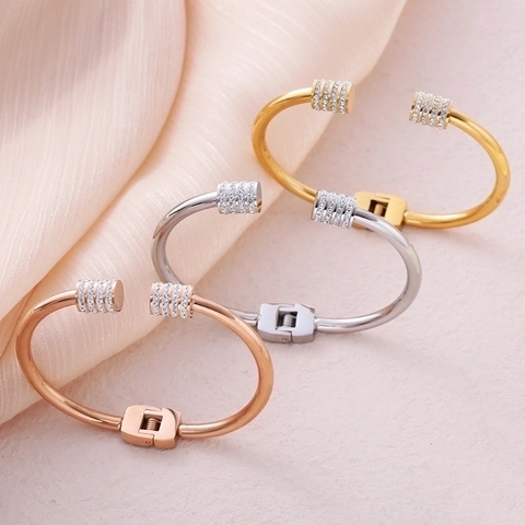 Brazalete Abierto De Acero Inoxidable Para Mujer Con Extremos Cilíndricos De Strass Joyería De Moda En Forma De C