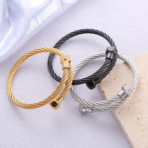 Brazalete Abierto de Acero Inoxidable con Cable Trenzado Diseño de Tuerca Hexagonal Punk Ajustable para Hombre Mujer