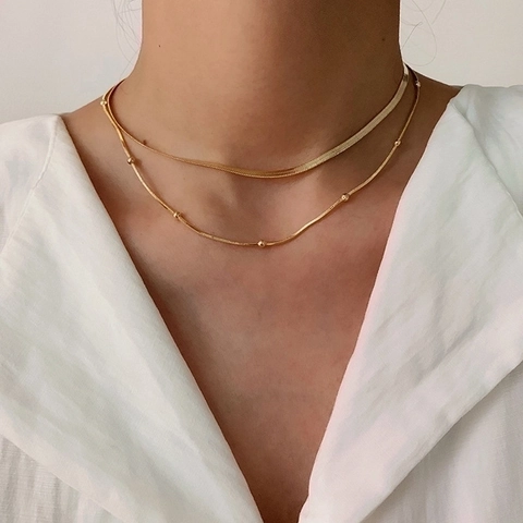 Double Layer Stainless Steel Necklace Flat Snake Chain Beaded Clavicle Chain Vacuum Plated Jewelry For Women
