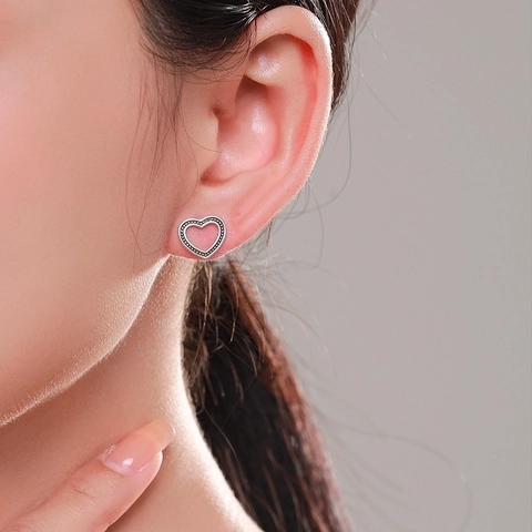 Orecchini a Bottone a Cuore Cavo in Argento Sterling 925 per Donna Bordo Milgrain Nero Vintage Intarsio di Zirconia Gioielli