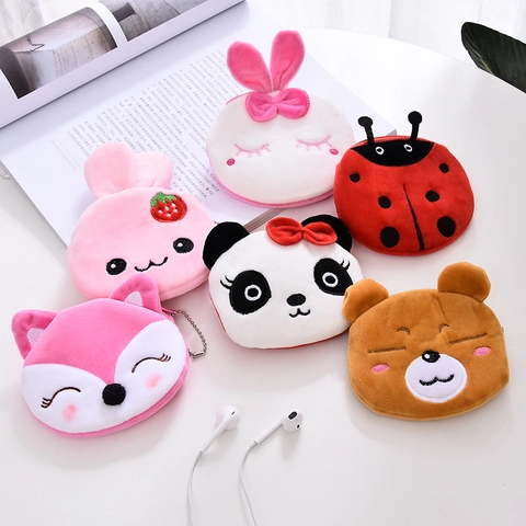 Plush Coin Purse Cartoon Animal Mini Wallet With Zipper And Bead Chain Key Storage Bag Cute Gift For Women Kids