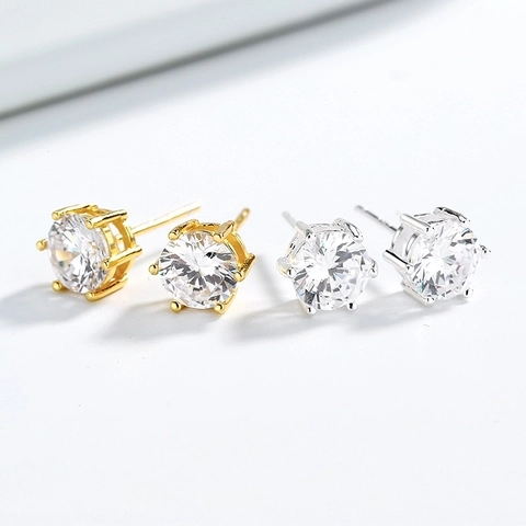 925 Sterling Silver Stud Earrings For Women Six-Prong Round Rhinestone Green Glass Inlaid Elegant Minimalist Jewelry Gift