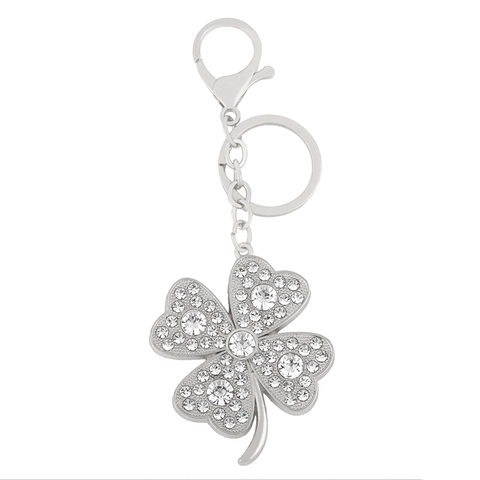 Porte-Clés Trèfle À Quatre Feuilles Strass Alliage Métal Étincelant Pendentif De Sac Charme De Chance Cadeau