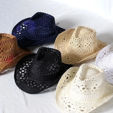 Strooien Cowboyhoed Ajour Geweven Ademend Zonbescherming Brede Rand Western Stijl Zomer Strand Voor Heren Dames