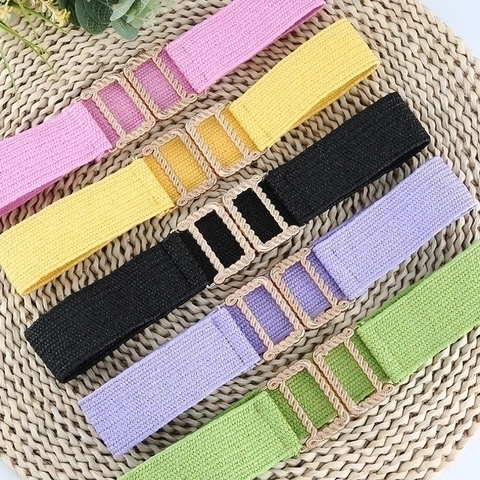 Women Vintage Elastic Woven Plastic Straw Belt With Zinc Alloy D Buckle Retro Decorative Waist Belt For Dresses Long Shirts