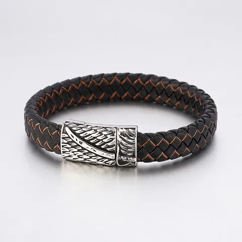 Pulsera De Cuero Trenzado Para Hombre Con Cierre Magnético De Acero Inoxidable Punk Retro Pluma Ancla Calavera Joyería Náutica