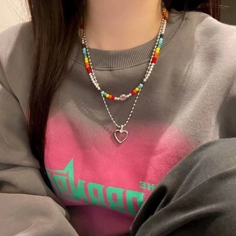 Collana A Strati Acciaio Titanio Lega Perline Arcobaleno Faccina Sorridente Pendente Cuore Cavo Argento Stile Y2K Donna