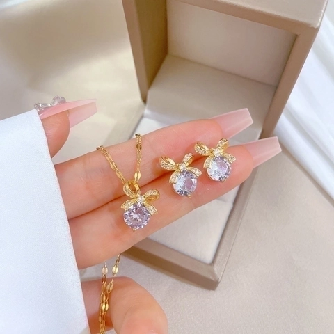 Collana Orecchini Fiocco Acciaio Al Titanio Silver Earring Post Placcato Oro Zirconia Viola Elegante Moda Donna
