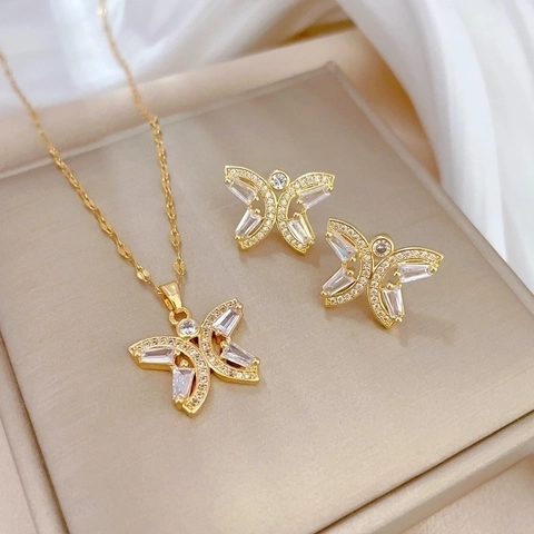 Butterfly Necklace Earrings Jewelry Set Hollow Zircon Titanium Steel Copper Gold Plated Elegant Party Women Silver Earring Post