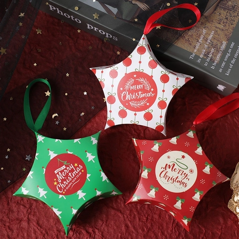 Weihnachts-Sternförmige Geschenkschachtel Karton Süßigkeitenverpackung Mit Bandgriff Hängende Feiertagsdekoration Weihnachtsmann Druck
