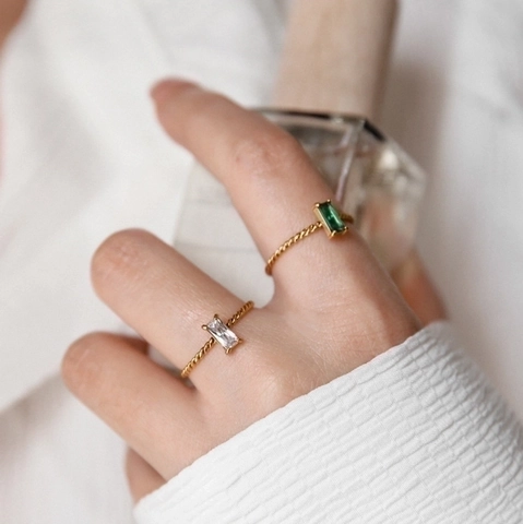 Minimalist Twist Rope Band Ring Women Baguette Zircon Stainless Steel Geometric Jewelry Retro Style
