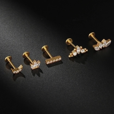 G23 Titanium Internally Threaded Labret Stud Lip Ring Zircon Moon Crown Ear Cartilage Piercing Jewelry For Women Men