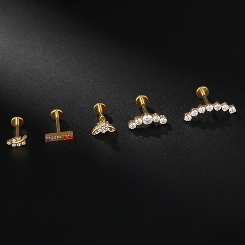 G23 Titanium Lip Piercing Stud Zircon Inlaid Leaf Flower Shape Cartilage Earring Labret Body Jewelry Hypoallergenic