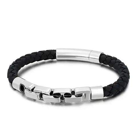 Pulsera De Hombre De Cuero Trenzado Con Eslabones Geométricos De Acero Inoxidable 316 Cierre Magnético Joyería