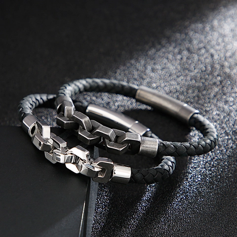 Bracciale Da Uomo In Pelle Intrecciata Con Catena In Acciaio Inossidabile Stile Retro Punk Polsino Moda Urbana Accessorio Casual