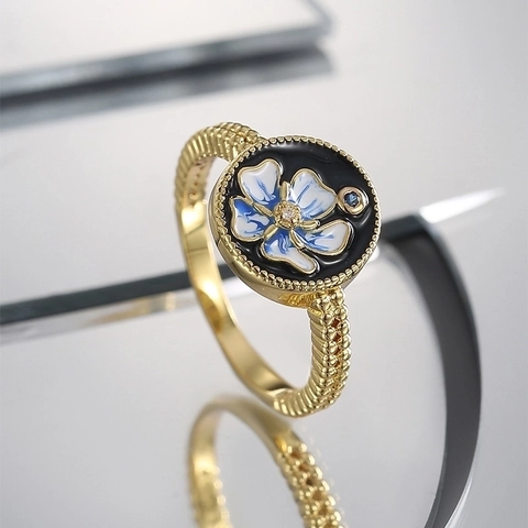 Bague Fleur de Lotus Vintage pour Femme Plaquée Or Cuivre Émail Strass Anneau Rétro Luxe Léger Bijoux de Doigt