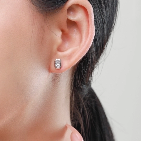 Semplici Orecchini a Bottone in Argento Sterling 925 con Zirconia a Taglio Ovale per Donna Minimalisti Lucidi Gioielli Intarsiati